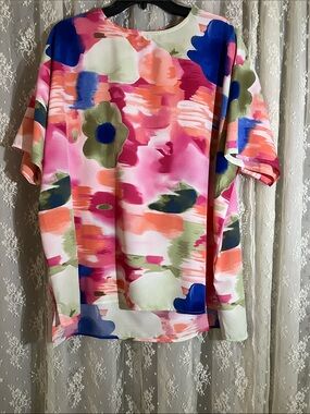 Boutique top in abstract pinks, blues, greens, and peach, by GiGiO
